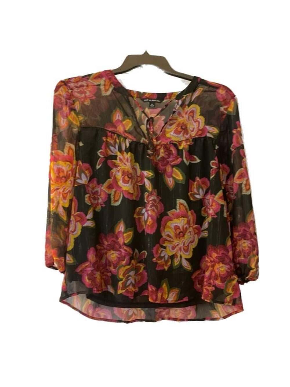 Floral Sheer Metallic Stripe Tie Neck Flowy Flattering Blouse Size XL